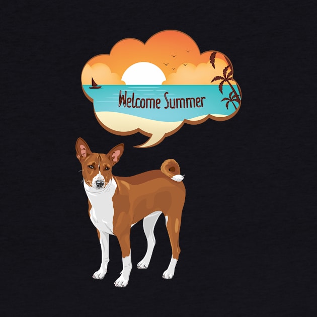 Basenji Dog with Welcome Summer Beach Sunset Bubble by Seasonal Dogs